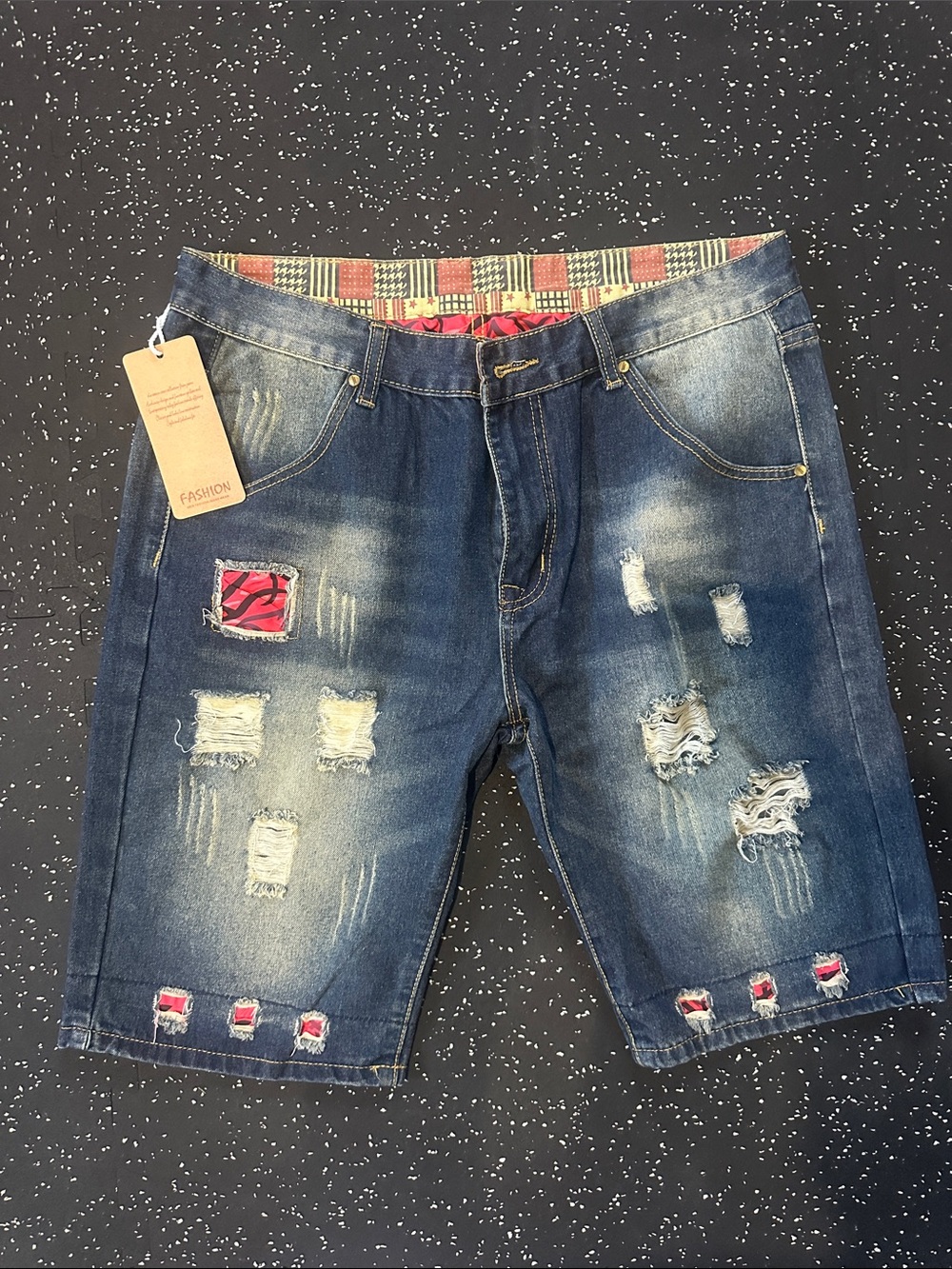 NEW Men's Distressed Dark Blue Denim jorts with Patch Details